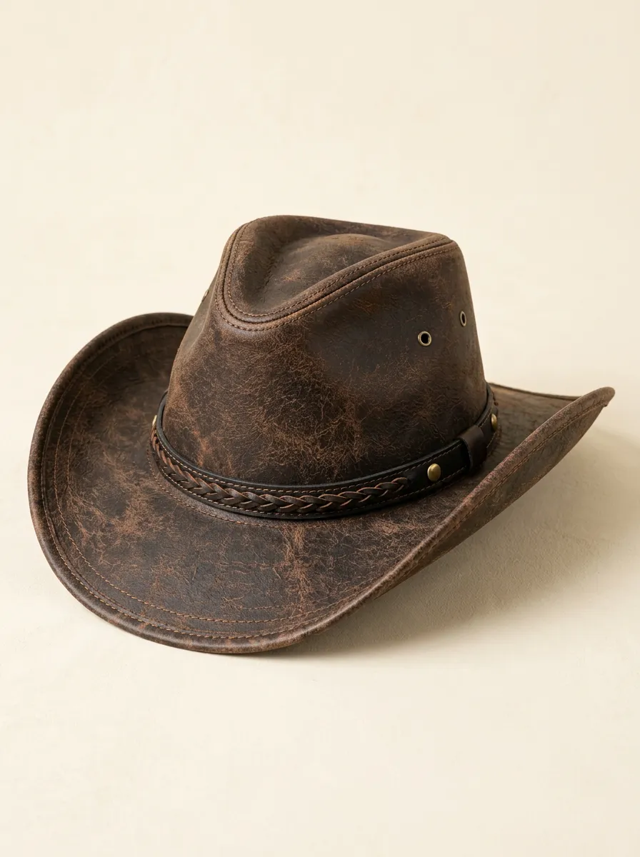 Leather Look Western Hat with Distressed Finish Styling