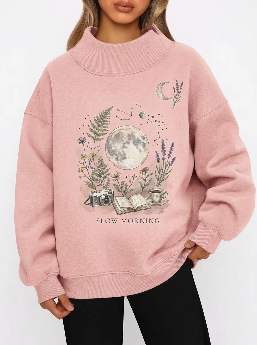 Women's Slow Morning Moon Book Camera Floral Graphic Sweatshirt