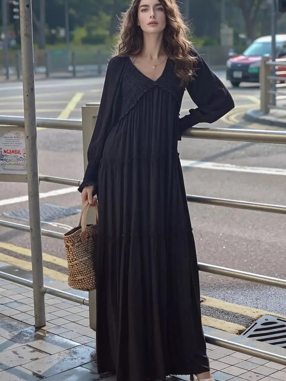 V Neck Tiered Long Sleeve Maxi Dress
