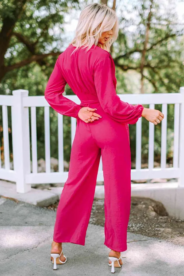 Belted V Neck Wide Leg Jumpsuit