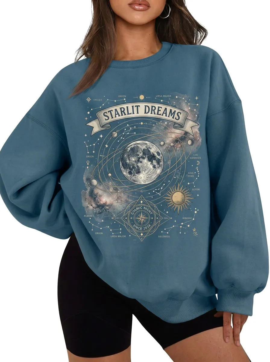 Women's Starlit Dreams Celestial Moon Constellation Printed T-shirt