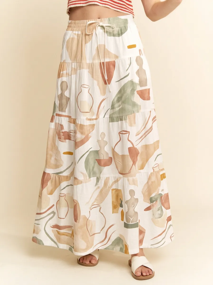 Women's Boho Art Abstract Vase Statue Printed Maxi Skirt