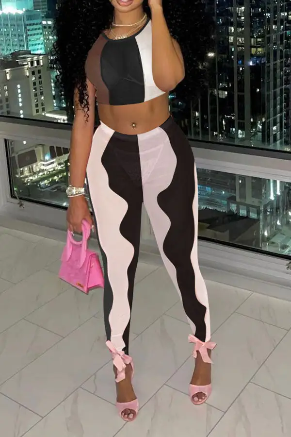 Colorblock Sheer Round Neck Pant Set
