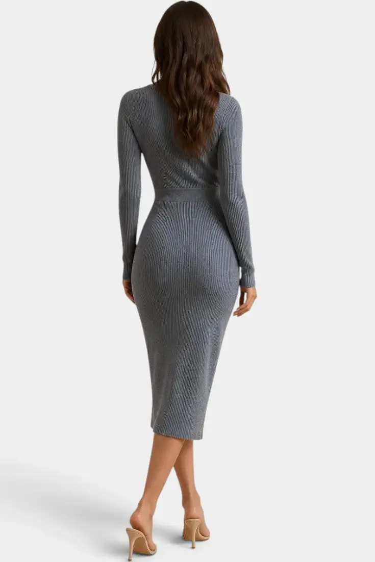 Ribbed-Knit V-Neck Midi Dress