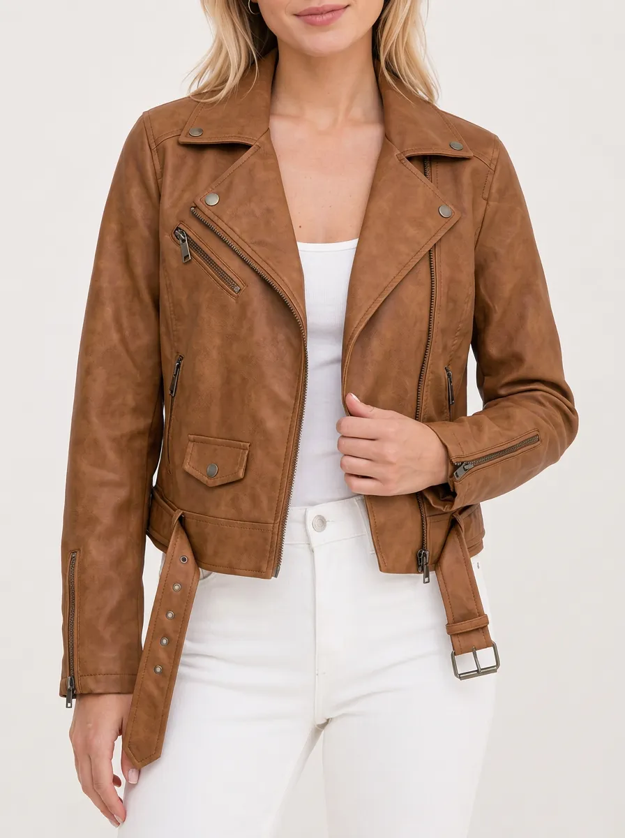 Women's Brown Faux Leather Moto Biker Jacket with Flap Pockets