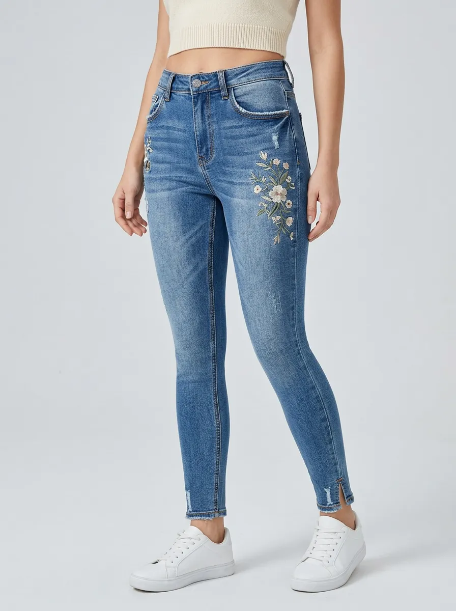 Women's Ridge Floral Embroidered Distressed Slim Jeans