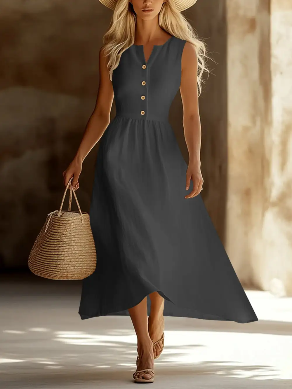 Sleeveless Button Front Flowy Midi Dress