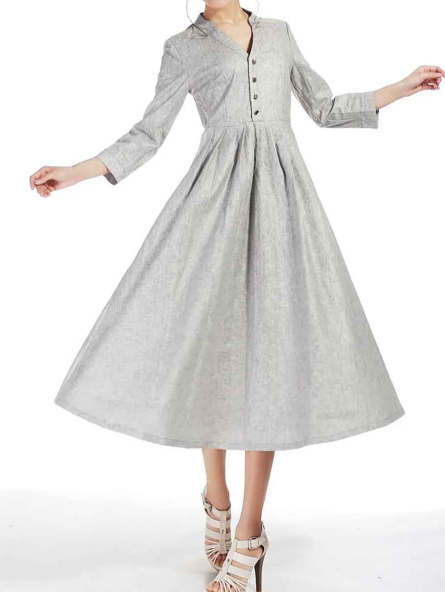 Linen Cotton Shirt V Neck Three Quarter Sleeve Maxi Dress