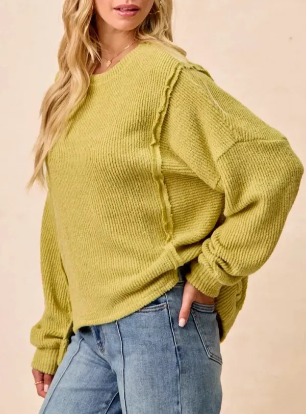 Boucle Rib Knit Uneven Hem Sweater with Open Seam