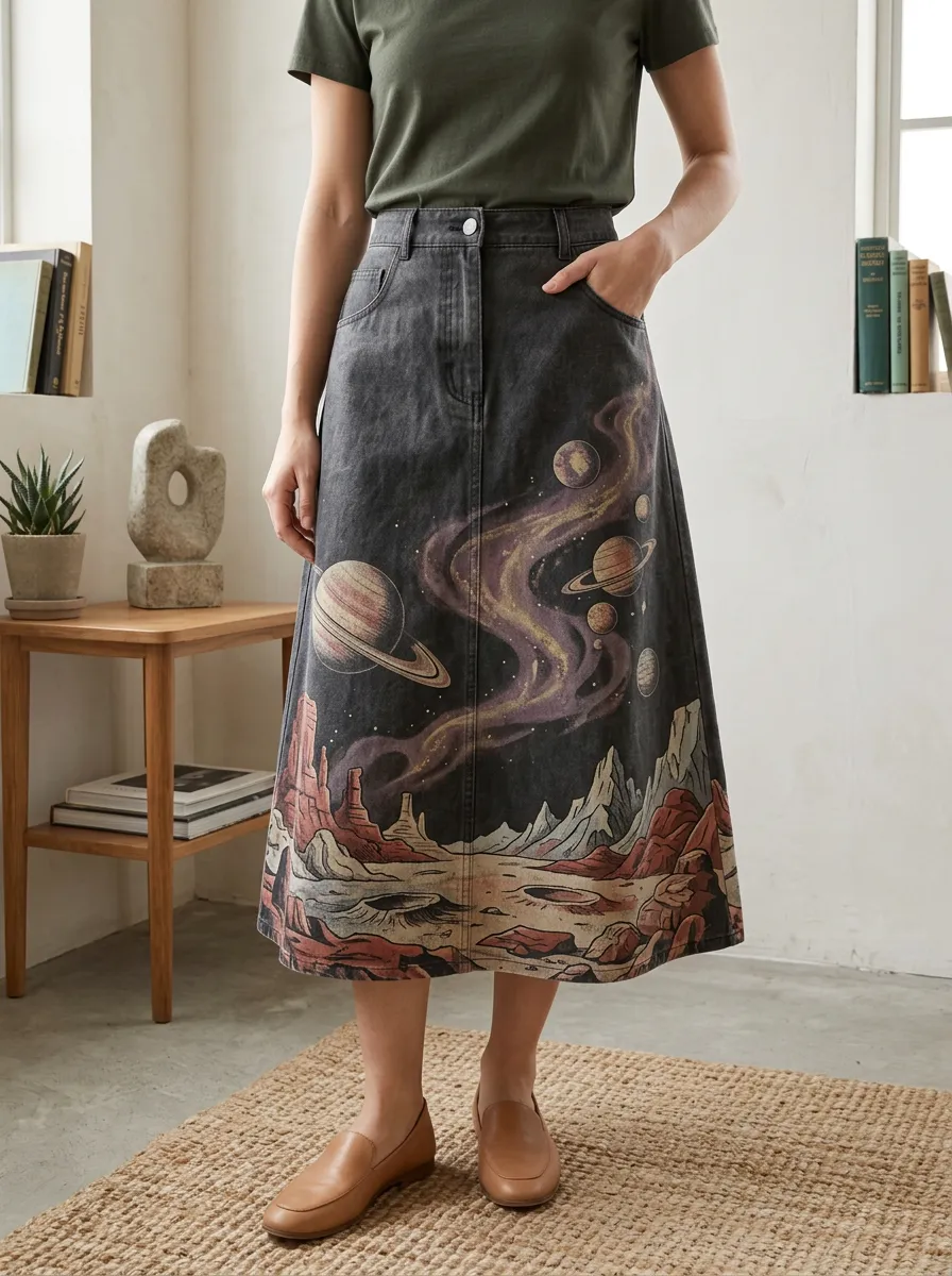 Women's Space Lover Galaxy Planet Landscape Printed Denim Skirt