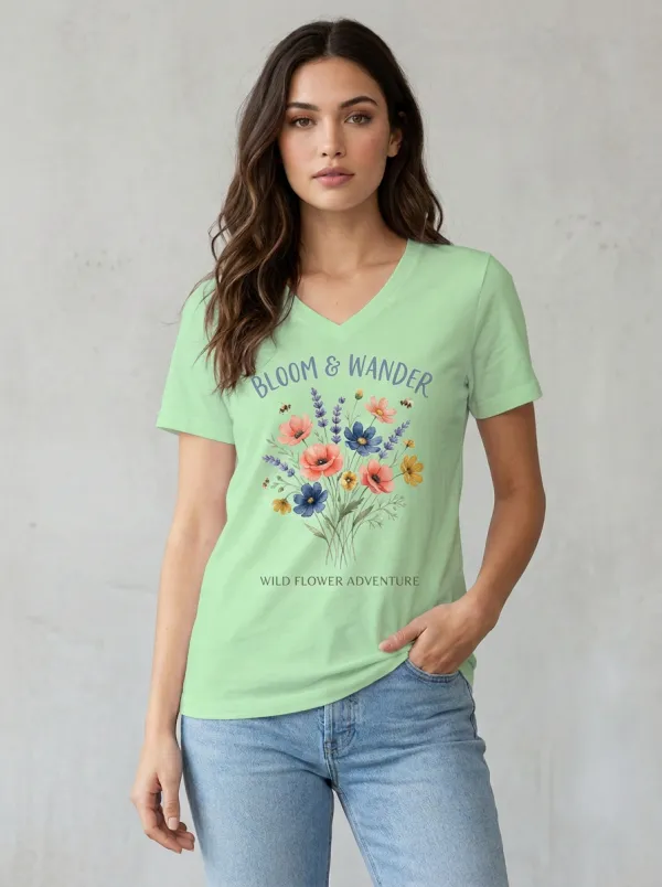 Women's Nature-Inspired Wildflower Bloom & Wander Printed V-neck T-Shirt
