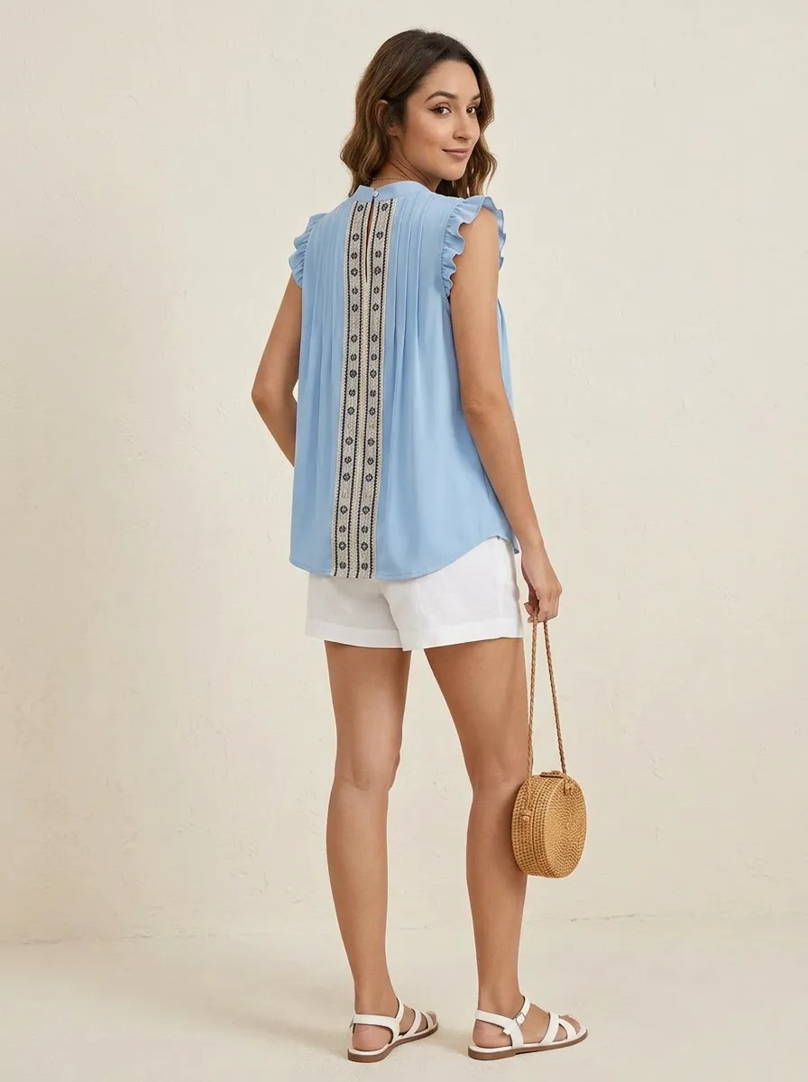 Boho Floral Embroidered Ruffle Sleeve Printed Top