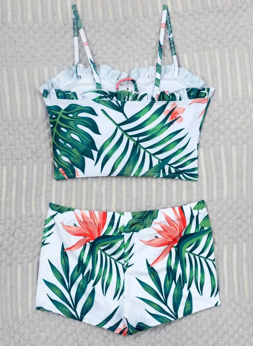 Swimwear Palm Leaf Bikini with Shorts V Neck Drawstring Lace Up Mid Waist Padded Two Piece Swimsuits Bathing Suit