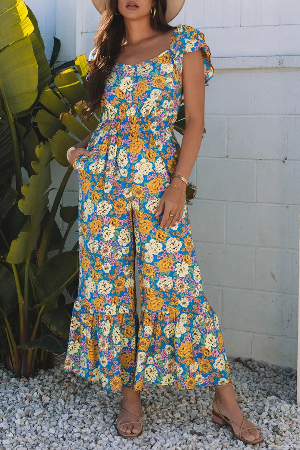 Floral Allover Print Shirred Panel Detail Jumpsuit