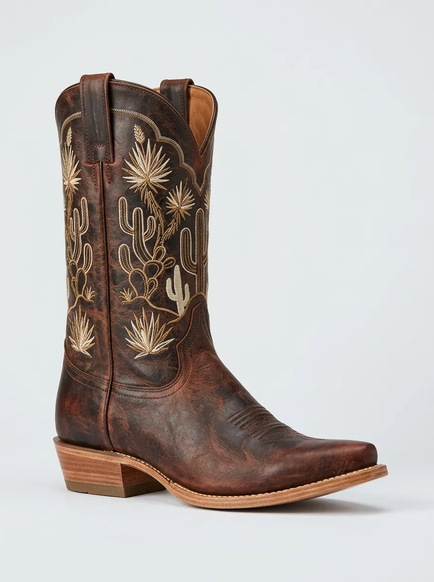 Rustic Cactus Desert Embroidered Style Unisex Western Cowboy Boots