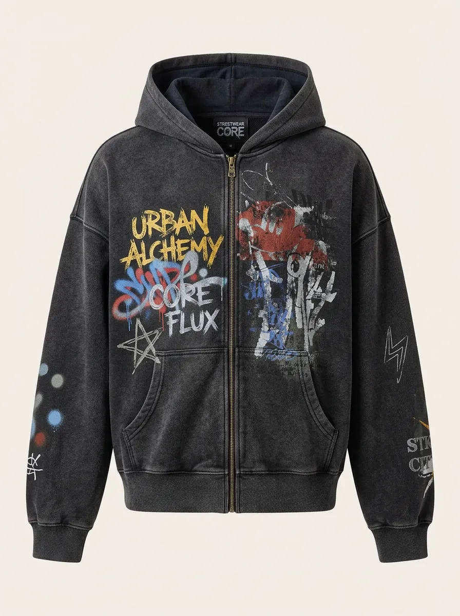 Unisex Streetwear Urban Alchemy Graffiti Printed Zip-up Hoodie