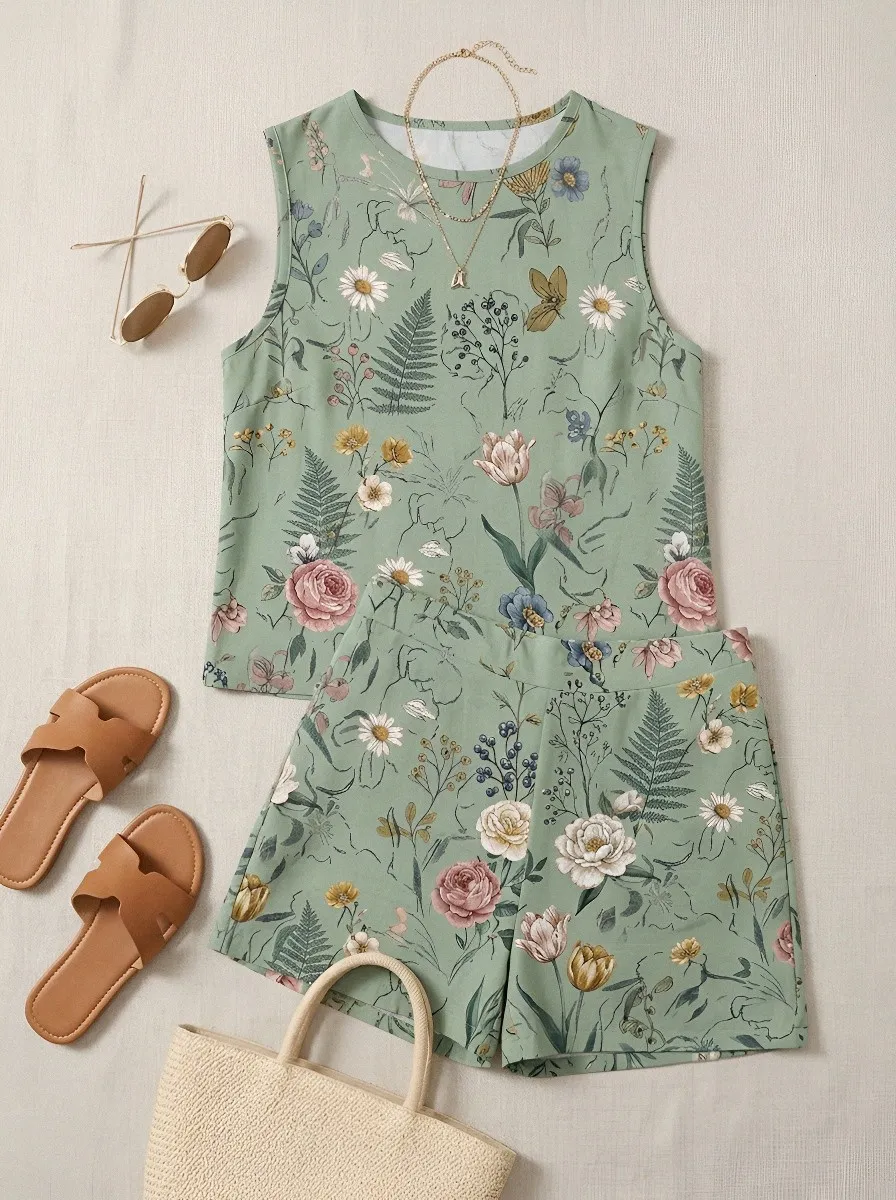 Women's Botanical Garden Floral Printed Sleeveless Shorts Set