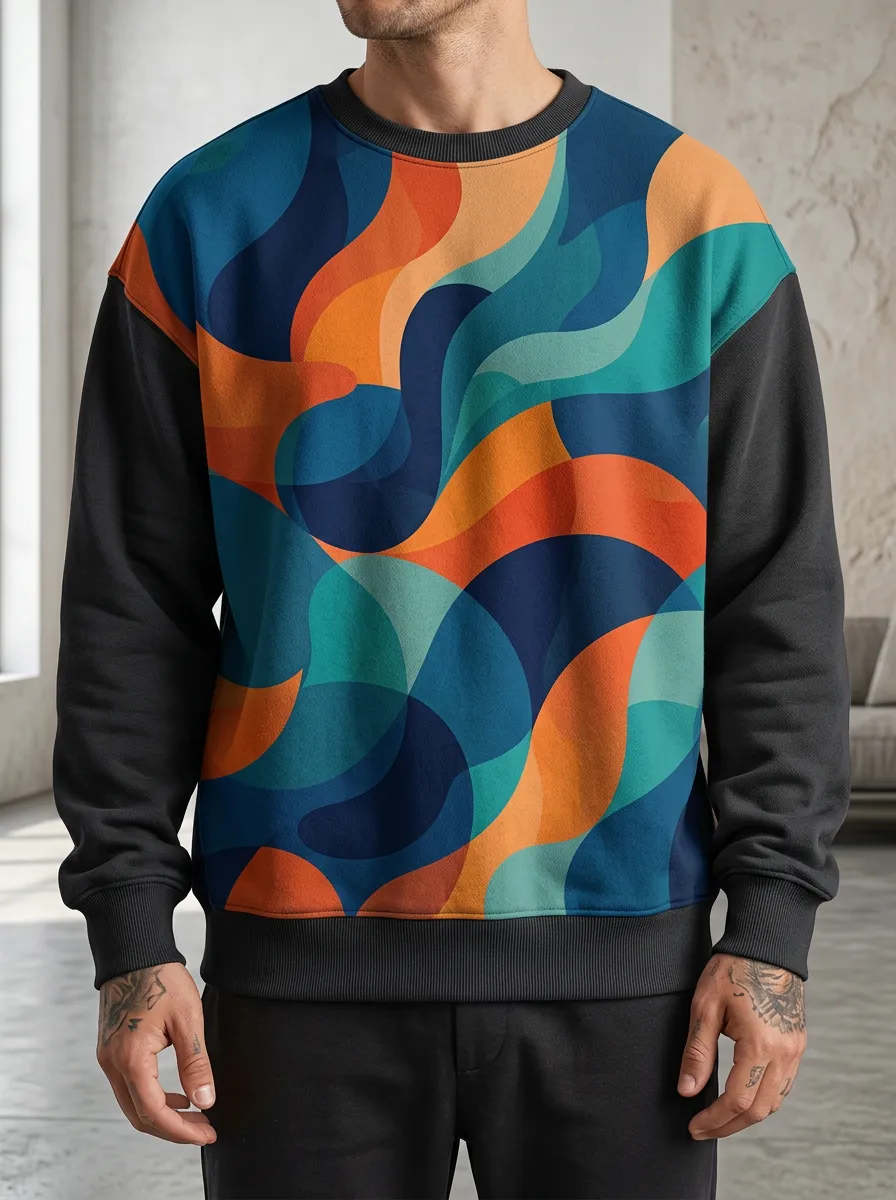 Abstract Wave Pattern Crewneck Sweatshirt With Abstract Detail
