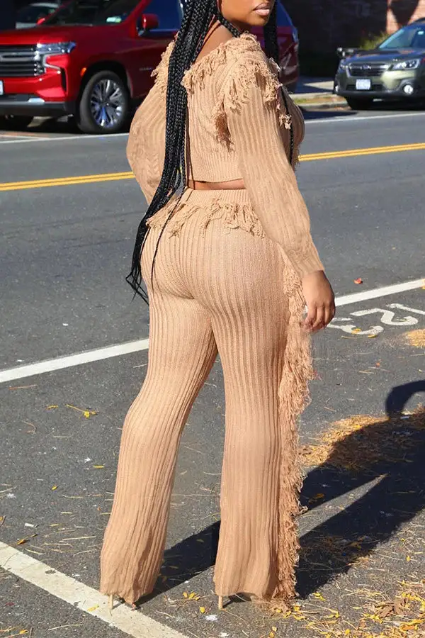 Solid Color Tassel Round Neck Pant Set