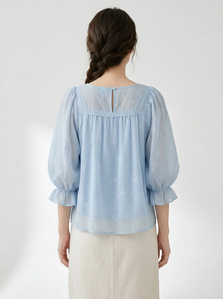 Embroidered Women's Puff-Sleeve Blouse