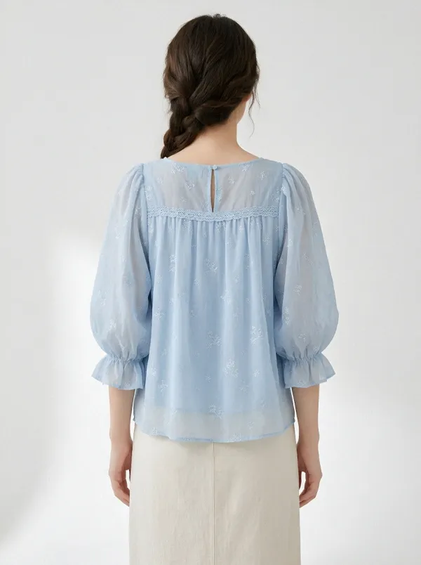 Embroidered Women's Puff-Sleeve Blouse