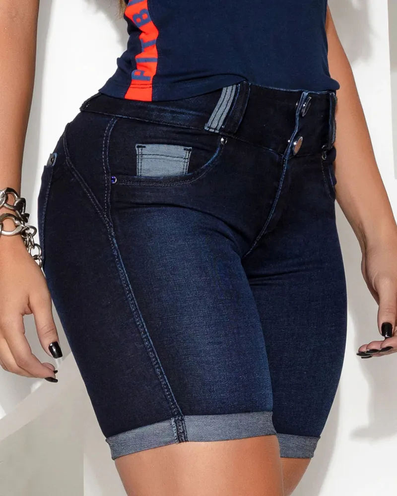 Button Front Cuffed Hem Tummy Control Butt Lifting Denim Shorts