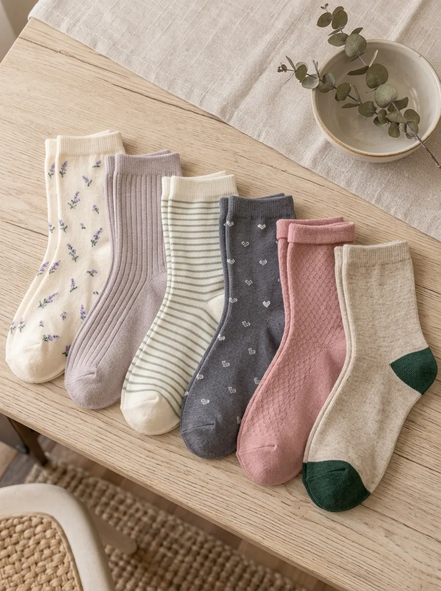 Women's Aesthetic Floral Striped Heart Printed Cotton Socks Set