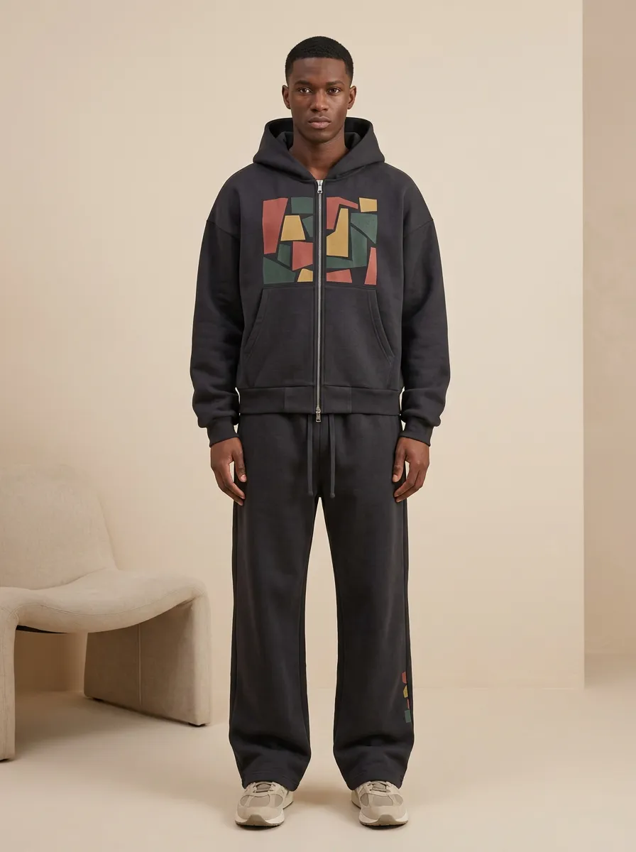 Men's Abstract Geometric Pattern Printed Zip-up Hoodie Jogger Set