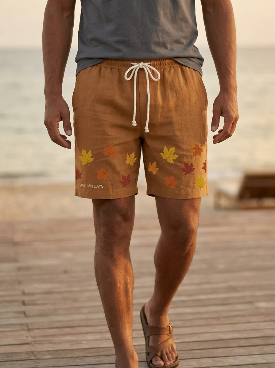 Tan Maple Leaf Print Drawstring Silhouette Shorts