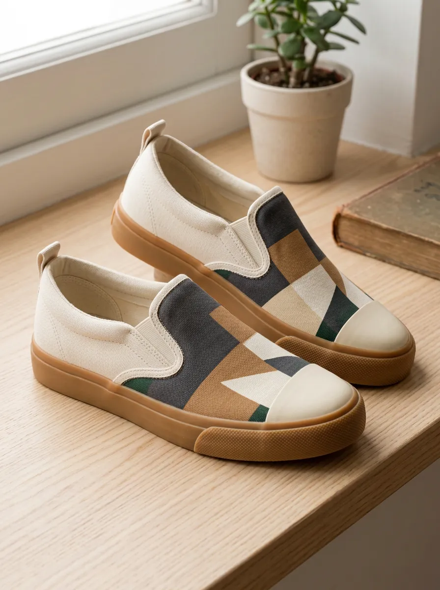 Men's Geometric Pattern Printed Canvas Slip-on Shoes