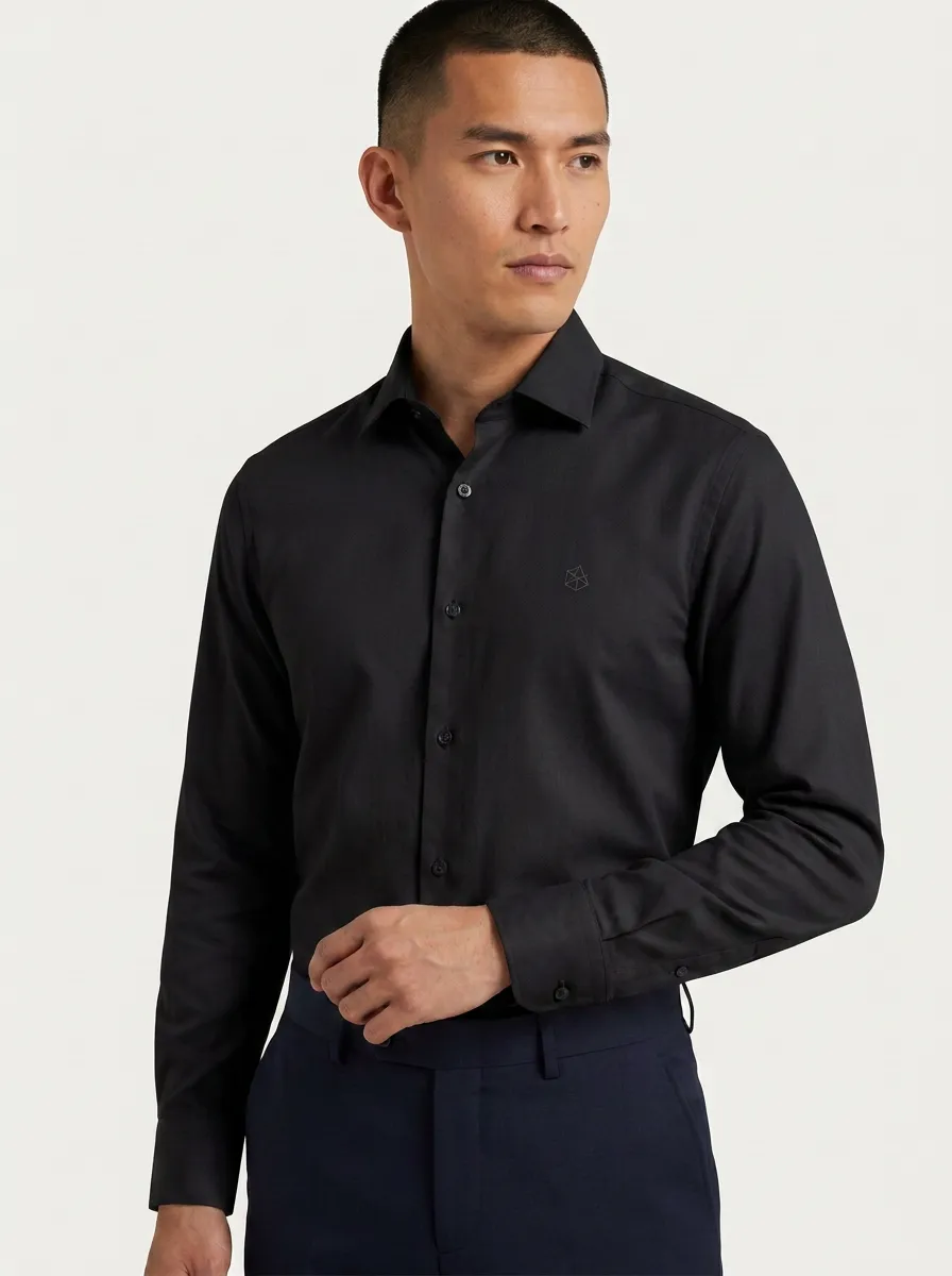 Men's Non-Iron Cotton Geometric Logo Embroidered Long Sleeve Shirt
