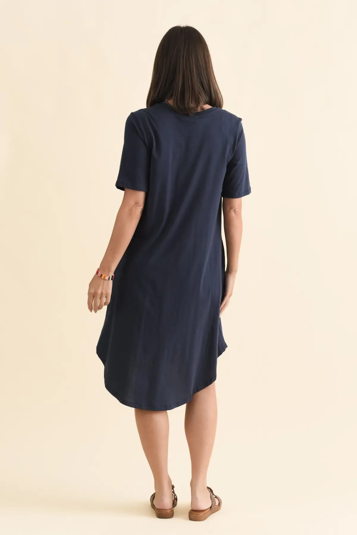 Above-Knee Cotton Pocket Round-Neck Short-Sleeve Draped High-Low-Hem T-Shirt Dress