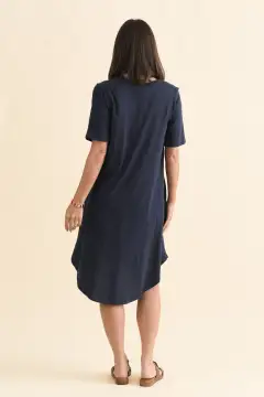 Above-Knee Cotton Pocket Round-Neck Short-Sleeve Draped High-Low-Hem T-Shirt Dress