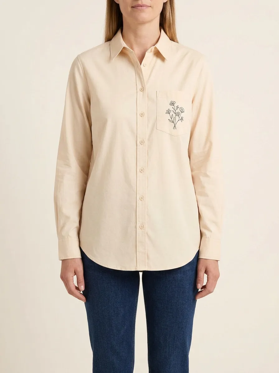 Women's Wildflower-Embroidered Single-Pocket Button-Up Shirt
