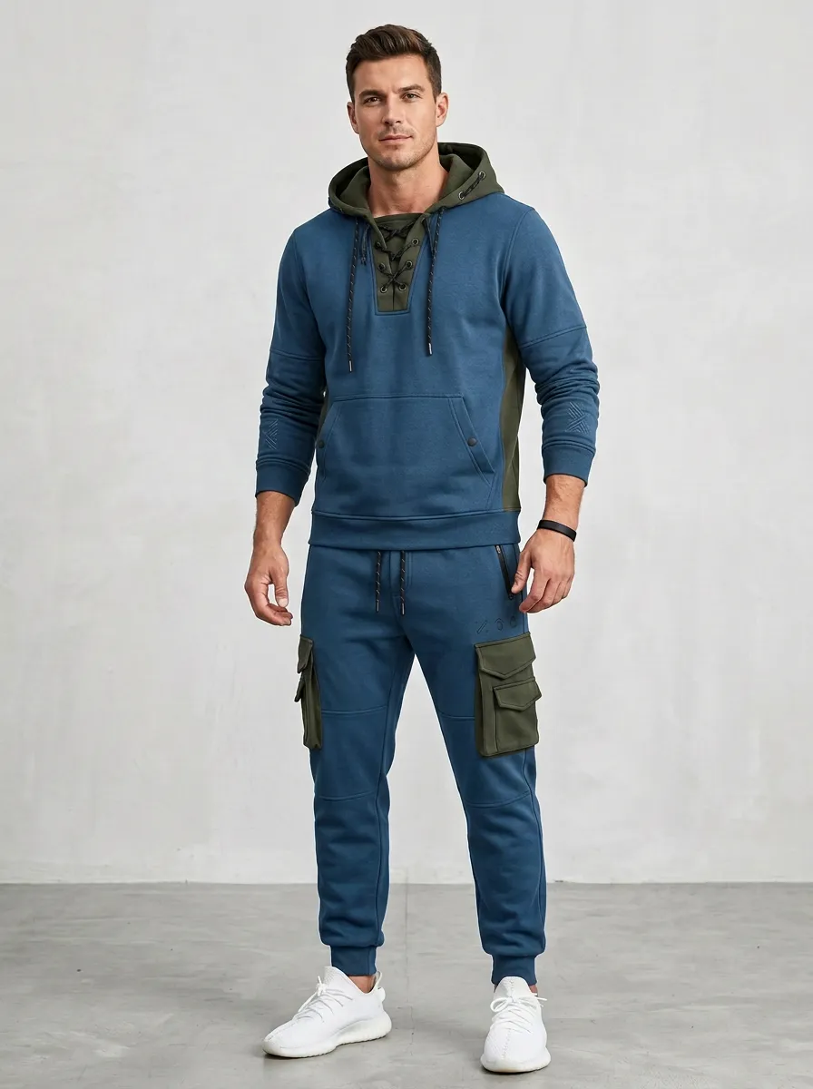 Urban Lace-Up Multi Pocket Silhouette Men's Lace Up Hoodie And Cargo Jogger Set