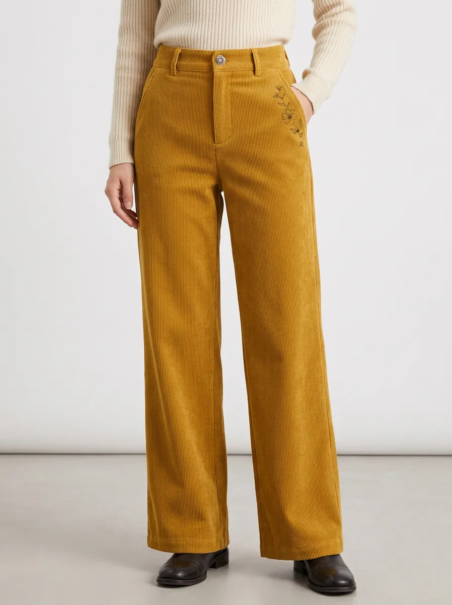Women's Floral Minimalist Mustard Embroidered Printed Corduroy Pants