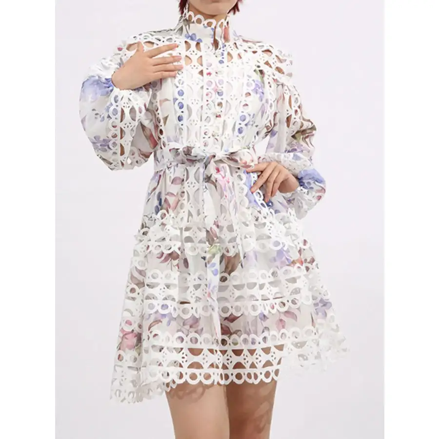 Lace Eyelet Mini Dress with Balloon Sleeves