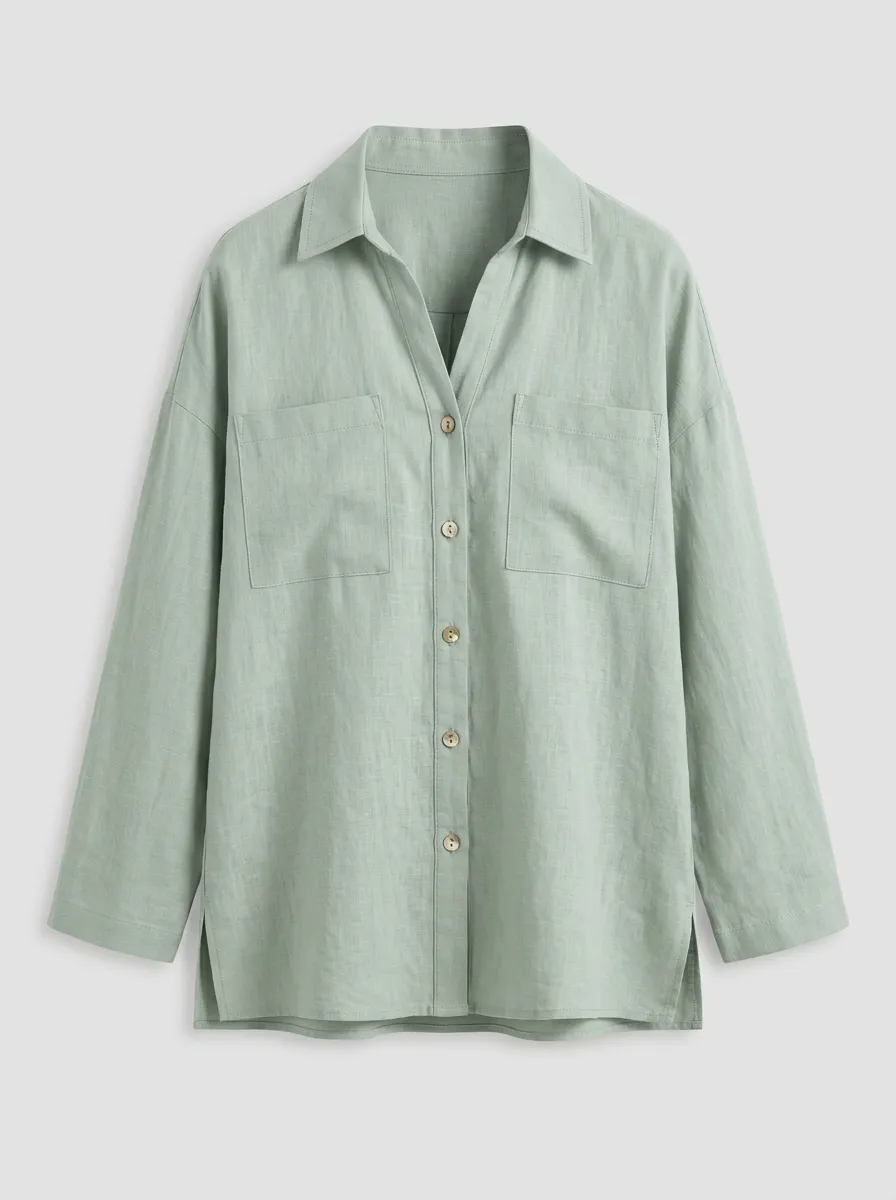Women's Down Shirt Casual Sage Green Linen Blend Button