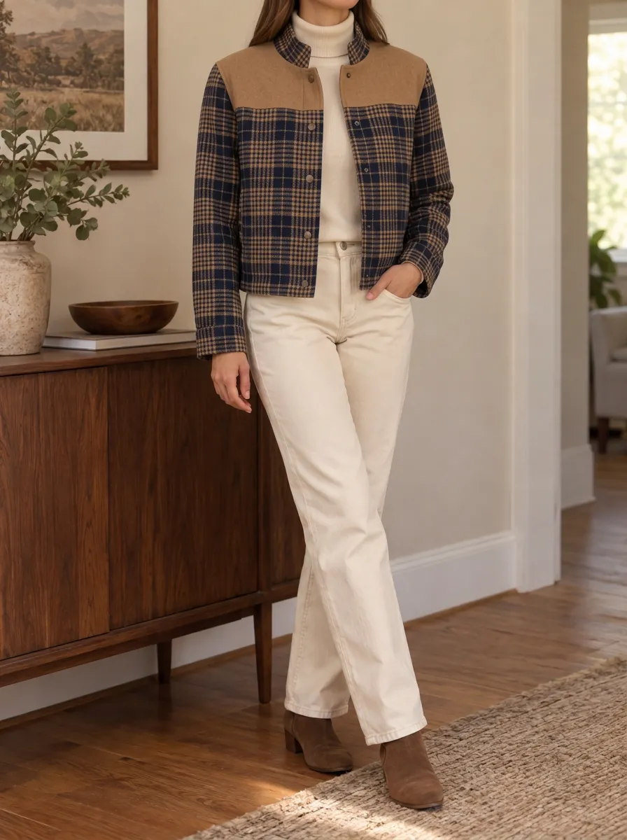 Women's Vintage Plaid Patchwork Plaid Stand Collar Cropped Jacket