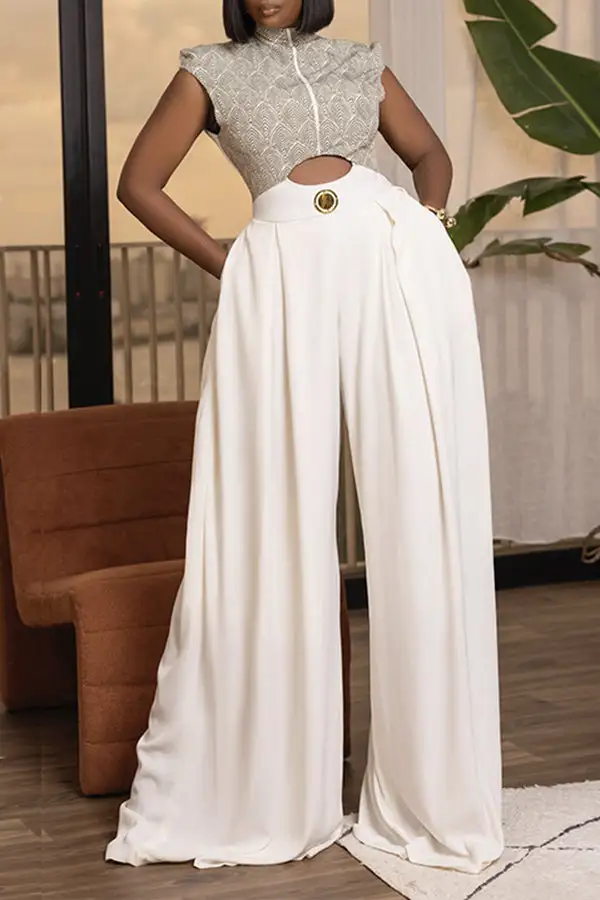 Abstract Print Cutout Patchwork Wide-Leg Jumpsuit