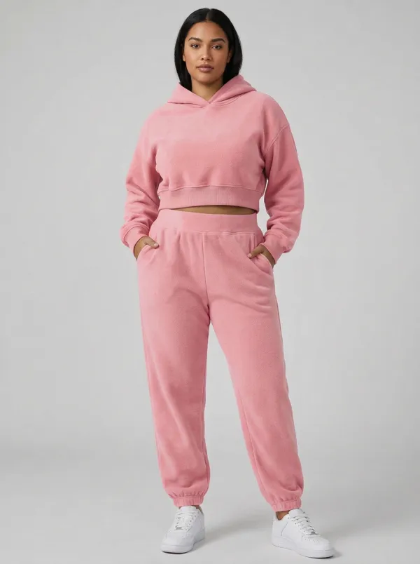 Women's Forest Green Fleece Cropped Hoodie and Rib-Cuff Jogger Set