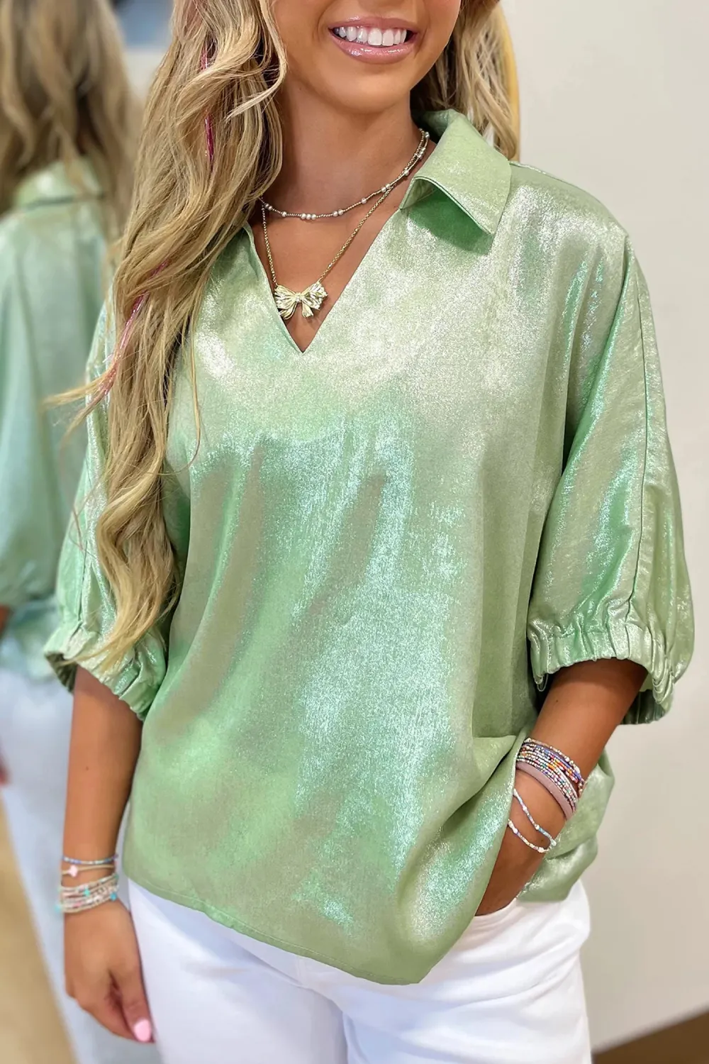 Aqua Collared V Neck Top
