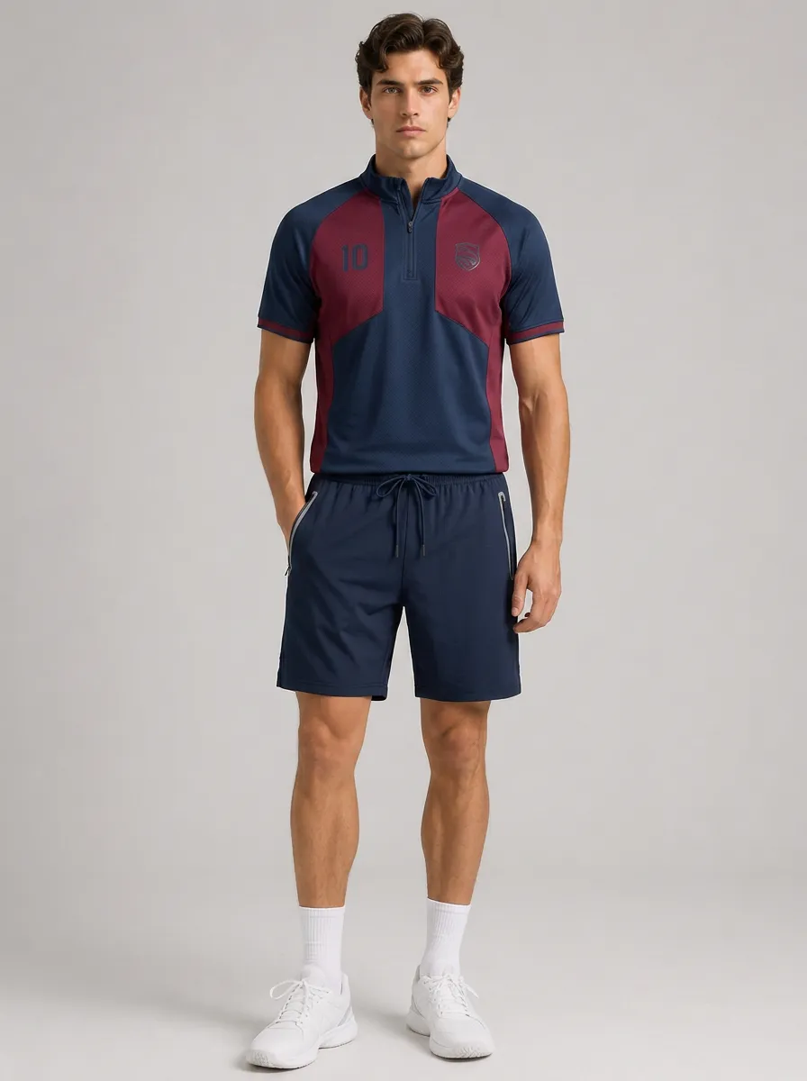 Men's Sporty Soccer Number 10 Printed Quarter-Zip Polo Shorts Set