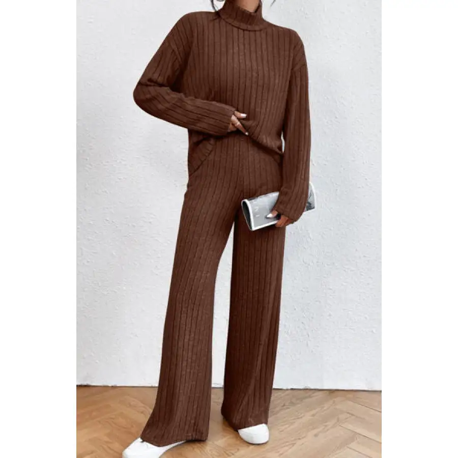 Mock Neck Dropped Shoulder Top and Pants Set