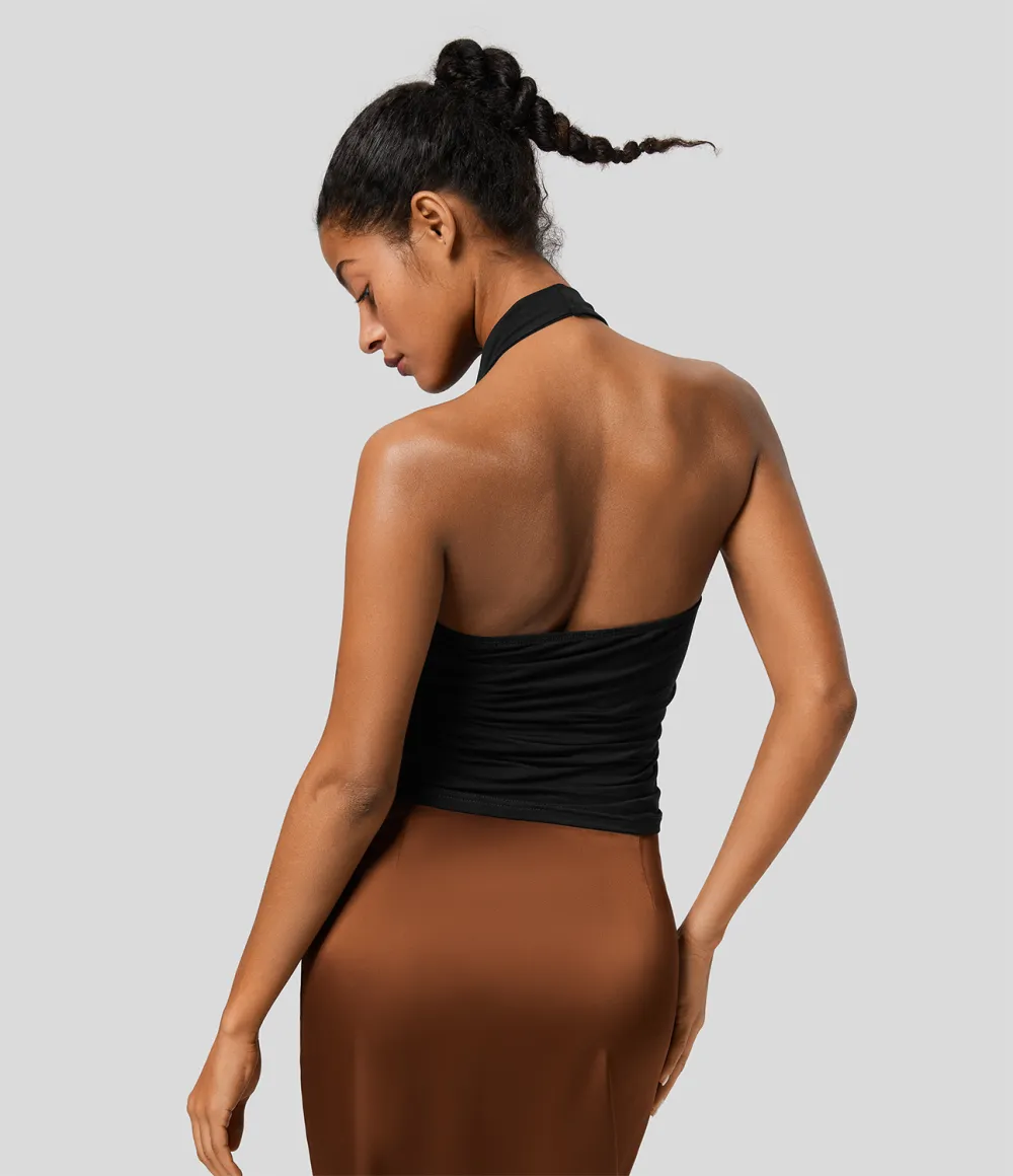Halter Cowl Neck Backless Ruched Casual Tank Top