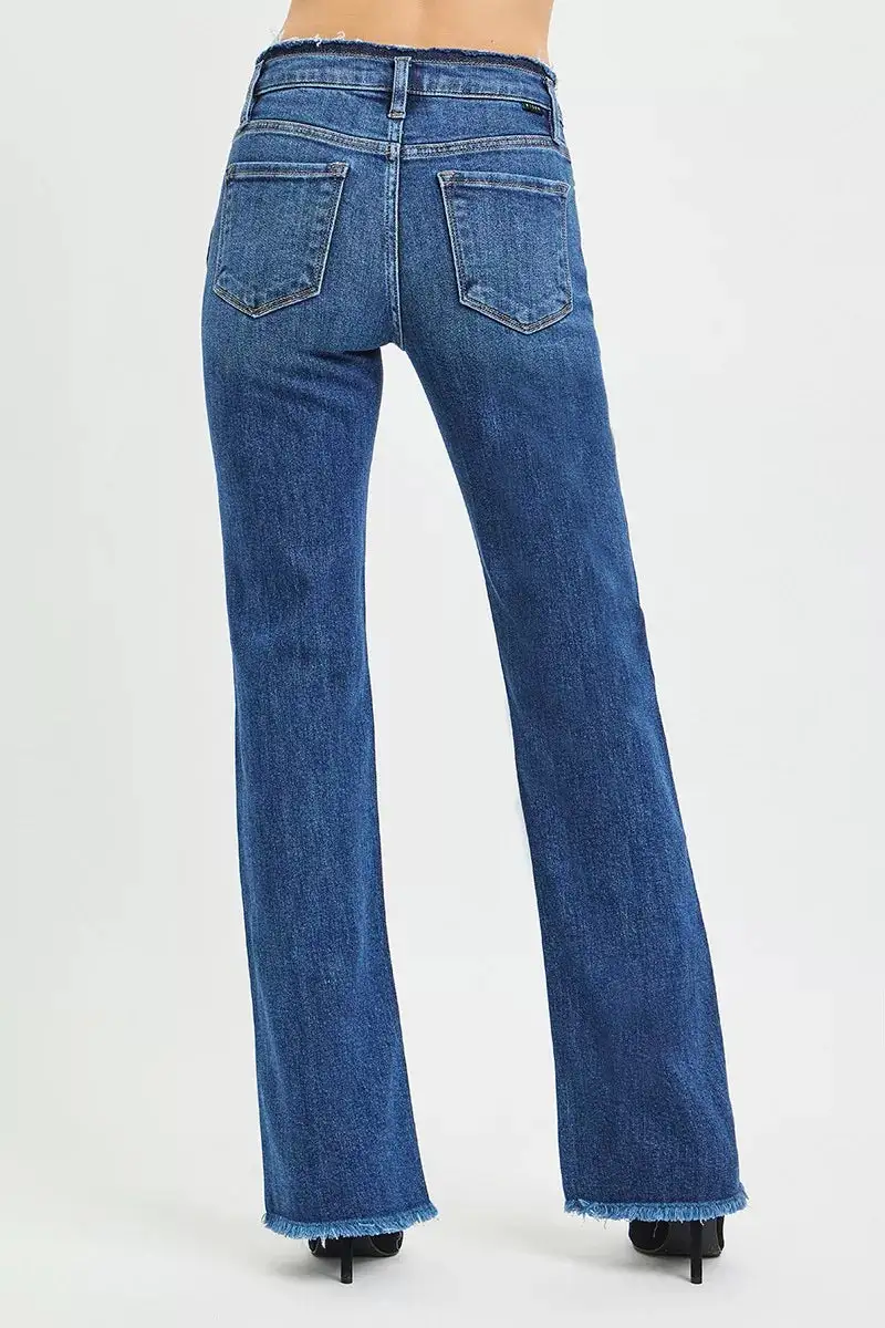 Mid Rise Frayed Hem Bootcut Jeans
