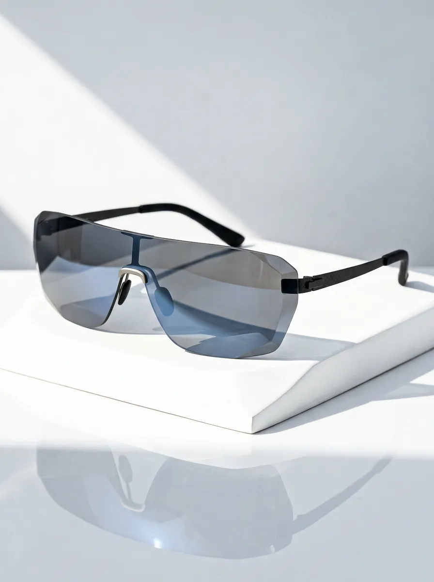 Men's Sporty Shield Rimless Mirrored Lens Sunglasses