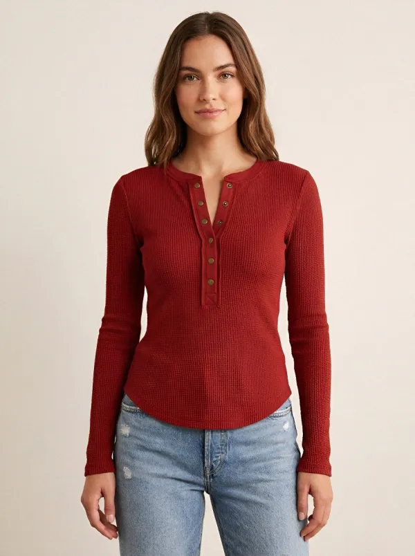 Women's Casual Brown Waffle Knit Button Down Henley Shirt