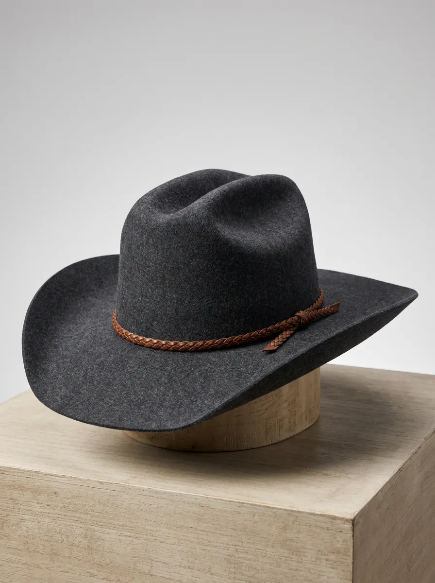 Charcoal Felt Cowboy Hat with Braided Leather Detail