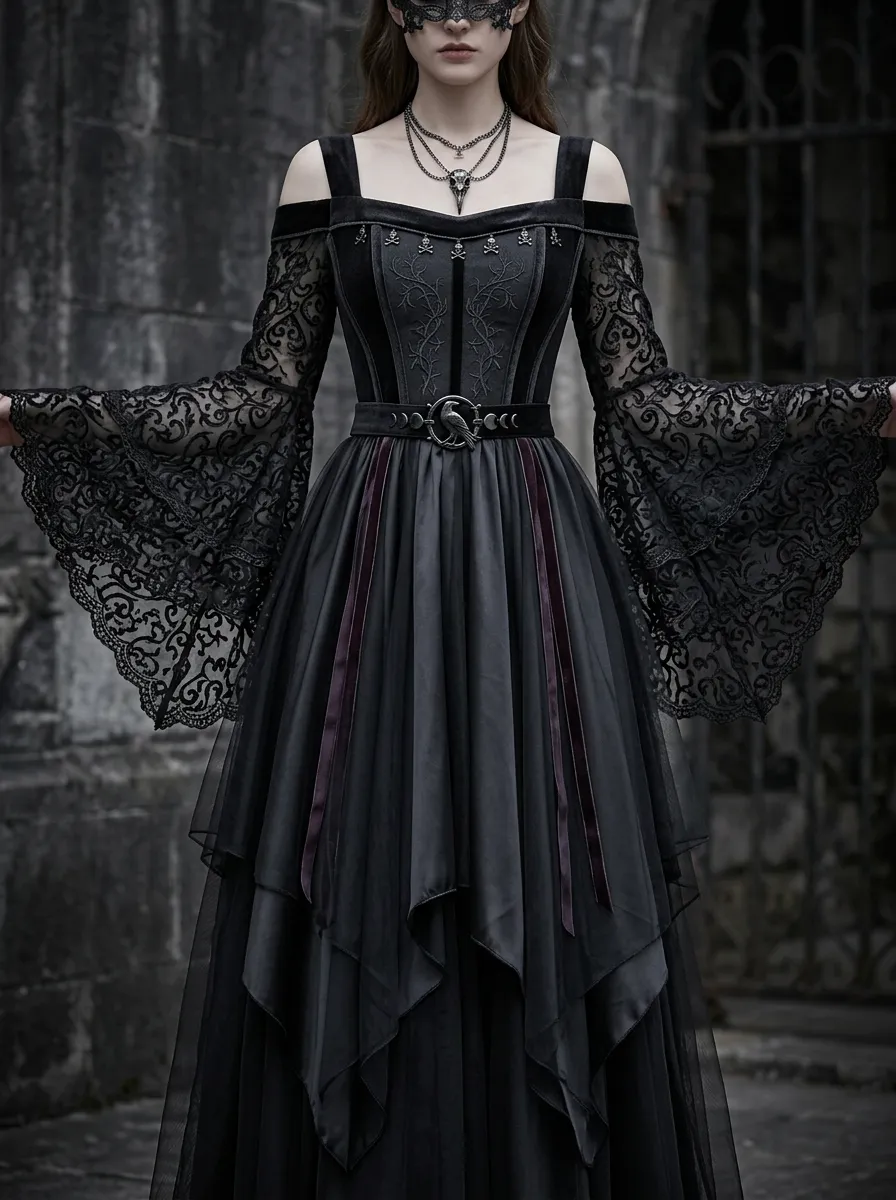 Punk Skull Lace Bell Sleeve Detail Women's Gothic Dress